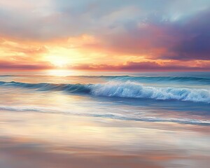 Obraz premium Beach at sunrise with vibrant colors, soft lighting, serene atmosphere, ocean waves, dynamic sky, photo-realistic