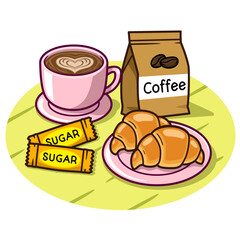 coffee with croissant cartoon illustration