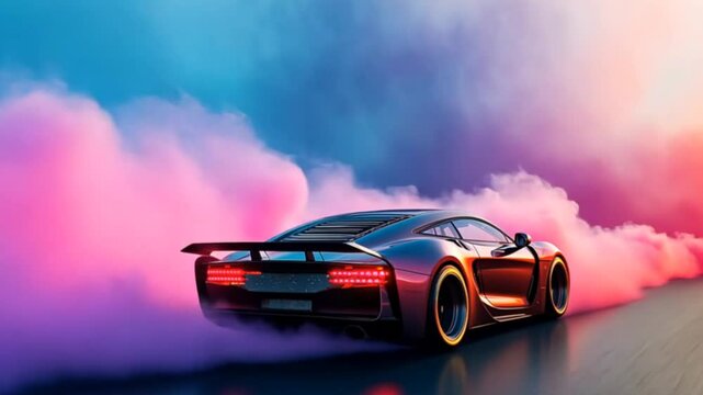 Sports car drifting with vibrant pink and blue smoke