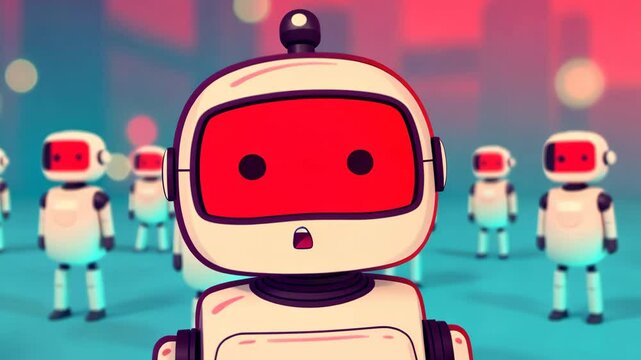 Adorable Robot Illustration with Retro Style in Vibrant Neon Colors, Group of Cute Robots, Futuristic Technology Concept, Whimsical Digital Art for Holiday Greeting Cards, Background with Gradients