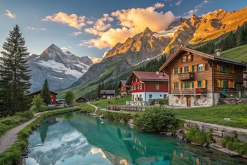 Fototapeta premium Vibrant Blue Sky and Soft Golden Sunlight Illuminate Traditional Wooden Architecture in Nature
