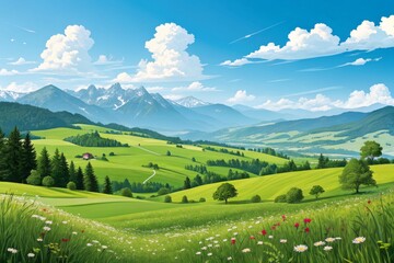 Fototapeta premium Vibrant Cartoon Vector Illustration of Lush Green Fields Rolling Towards a Bright Blue Sky Landscape