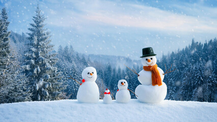 Winter scene with snowmen, gentle snowfall, and frosted trees
