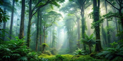 Obraz premium Dense foliage and towering trees in a misty forest environment, wild, dense foliage, tree cover, vegetation