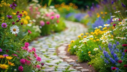 Obraz premium Delicate wildflowers form a whimsical border along a winding stone path, flowers, wildflowers, landscape