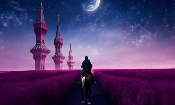 Romantic Night Journey on Horseback to a Mystical Pink Castle Under the Moonlight