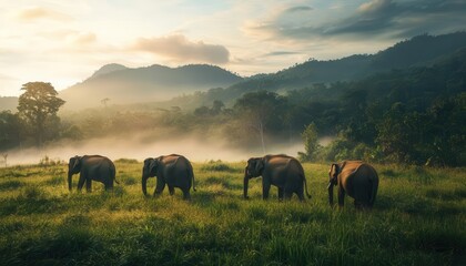 Elephants walking in the wild with vibrant landscape, soft natural lighting, dynamic movement, serene atmosphere