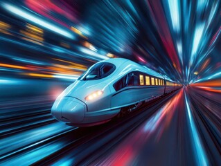 High-speed rail travel with vibrant movement, sleek modern train, soft lighting, dynamic energy, futuristic vibe