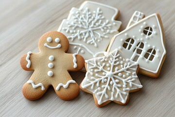 A row of gingerbread cookies with a snowflake and a house on top