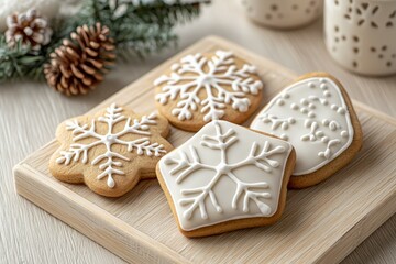 Four snowflake cookies with white icing on a wooden cutting board