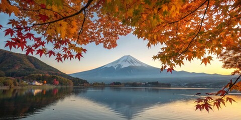 Vibrant Autumn Foliage Framing Serene Mount Fuji Reflected in Tranquil Lake under Clear Blue Sky