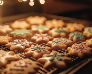 Holiday baking cookies with vibrant icing, soft lighting, cozy kitchen, festive atmosphere, warm tones