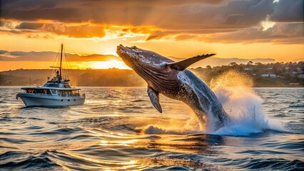 Fototapeta premium Humpback whale breaching close to whale watching vessel during golden hour off Sydney, Australia