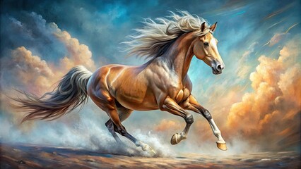 Detailed description A dynamic painting of a majestic horse running with its mane flowing in the wind, horse, running, painting
