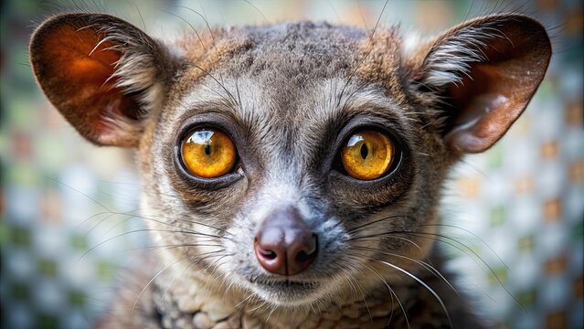 Close up of a galago face with pixelated square obscuring features, galago, face, close up, blurred, pixelated, square, obscured