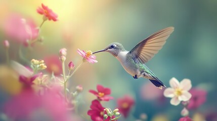 Fototapeta premium Hummingbird sipping nectar with vibrant flowers, soft natural lighting, dynamic movement, serene atmosphere