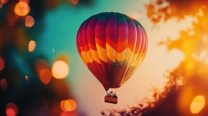 Fototapeta premium Hot air balloon flight with vibrant colors, soft lighting, serene atmosphere, dynamic movement, high contrast
