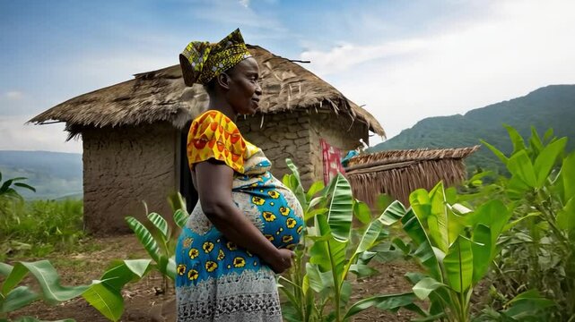 Awaiting New Life: A pregnant woman stands against a backdrop of lush greenery and a traditional hut, her silhouette framed by the vibrant hues of nature.