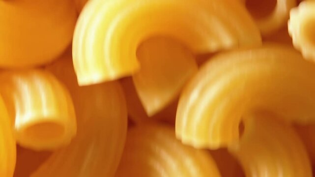 Uncooked Chifferi Rigati Pasta - Top View, Close-Up. Fat and Unhealthy Food. Classic Dry Macaroni, Moving Upward Background. Italian Culture and Cuisine. Raw Golden Pasta Texture in Move