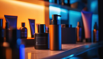 Fototapeta premium Men s grooming essentials with sleek packaging, soft lighting, vibrant colors, clean design, modern style