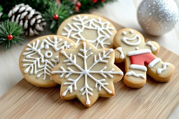 A wooden board with four different types of cookies and a Santa Claus cookie