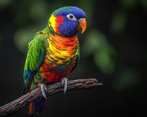 Naklejka premium Parrot perched on branch with vibrant colors, soft lighting, sleek modern setup, dynamic energy, high contrast