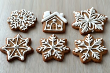 Fototapeta premium A row of gingerbread snowflakes with white icing and a house on top