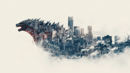 The dorsal fin of the Godzilla-like monster is made of Tokyo buildings. The dorsal fin is shaped like a group of destroyed buildings at the top.