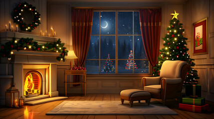 A cozy Christmas scene with a decorated tree, fireplace, and snowy night outside.