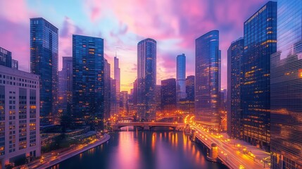 Obraz premium Skyline at sunset with vibrant colors, soft lighting, sleek modern buildings, dynamic energy, photo-realism