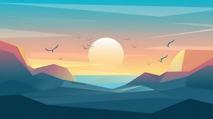 Abstract Sunset Landscape with Geometric Mountains and Birds Flying