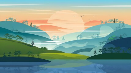 Fototapeta premium Serene Sunset Landscape with Mountains, Trees, and a Still Lake