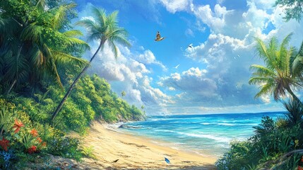 Seaside Serenity: Coastline Harmony with Coconut Trees, Birds, and Butterflies .