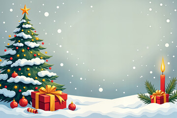 Obraz premium Festive Christmas scene with a snowy landscape, a lit candle on the right, and a beautifully decorated Christmas tree on the left.
