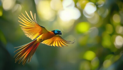 Tropical bird in flight with vibrant feathers, dynamic movement, soft natural lighting, serene atmosphere