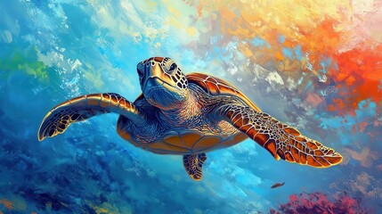 Obraz premium Turtle in the ocean with vibrant colors, soft lighting, dynamic movement, serene atmosphere, underwater scene