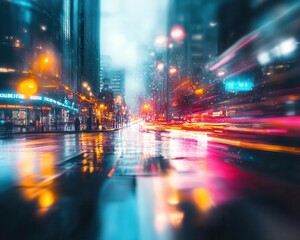 Obraz premium Urban cityscape photography with vibrant lights, dynamic movement, soft lighting, high-energy atmosphere
