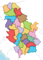 Vector illustrated regional blank map of Serbia with districts and administrative divisions, and neighbouring countries and territories. Editable and clearly labeled layers.