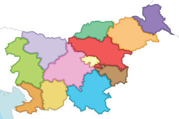 Vector illustrated blank map of Slovenia with statistical regions and administrative divisions, and neighbouring countries and territories. Editable and clearly labeled layers.