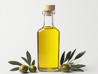 Olive oil bottle with olives and leaves.