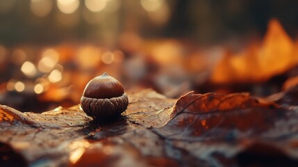 Nestled on a colorful autumn leaf, a solitary acorn glistens with morning dew, showcasing nature's beauty in a serene forest moment. The rich fall colors create a warm, inviting backdrop.