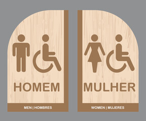 Placas para Banheiro, Ret&acirc;ngulo Estilizado Homem e Mulher. Arte em Madeira Rosa.