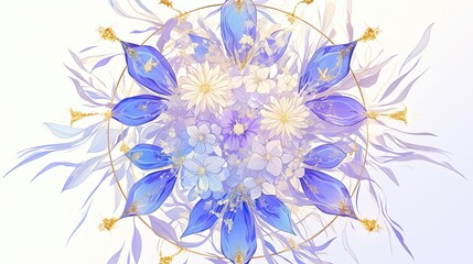Fototapeta premium Abstract Floral Arrangement with Blue and White Flowers and Golden Accents
