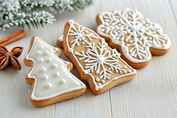 Three gingerbread cookies with white icing, one of which is a tree