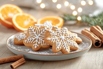 A plate of cookies with white icing and snowflake designs sits on a wooden table