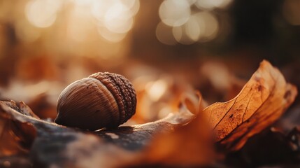 Nestled on a colorful autumn leaf, a solitary acorn glistens with morning dew, showcasing nature's beauty in a serene forest moment. The rich fall colors create a warm, inviting backdrop.