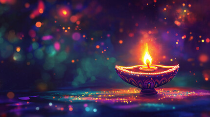 Colorful happy diwali diya oil lamp with flame festive bokeh lights copy space hindu festival celebration