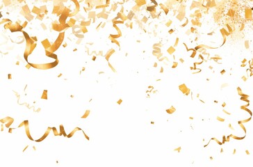 Fototapeta premium Gold confetti falling on a white background, creating a festive and celebratory atmosphere, perfect for party, event, or holiday designs.