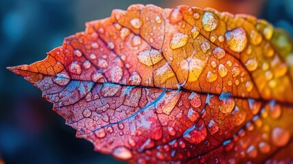 Water Droplets on Autumn Leaf