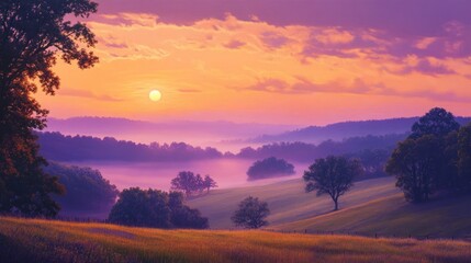 Fototapeta premium Misty Sunrise Over Rolling Hills